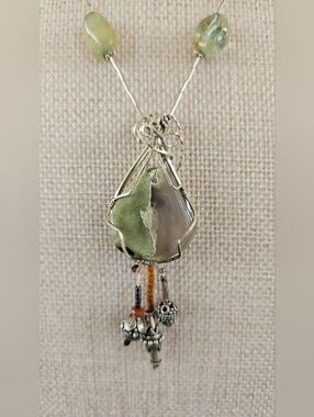 Handcrafted Green Agate Pendant Necklace with Sterling Silver Accents